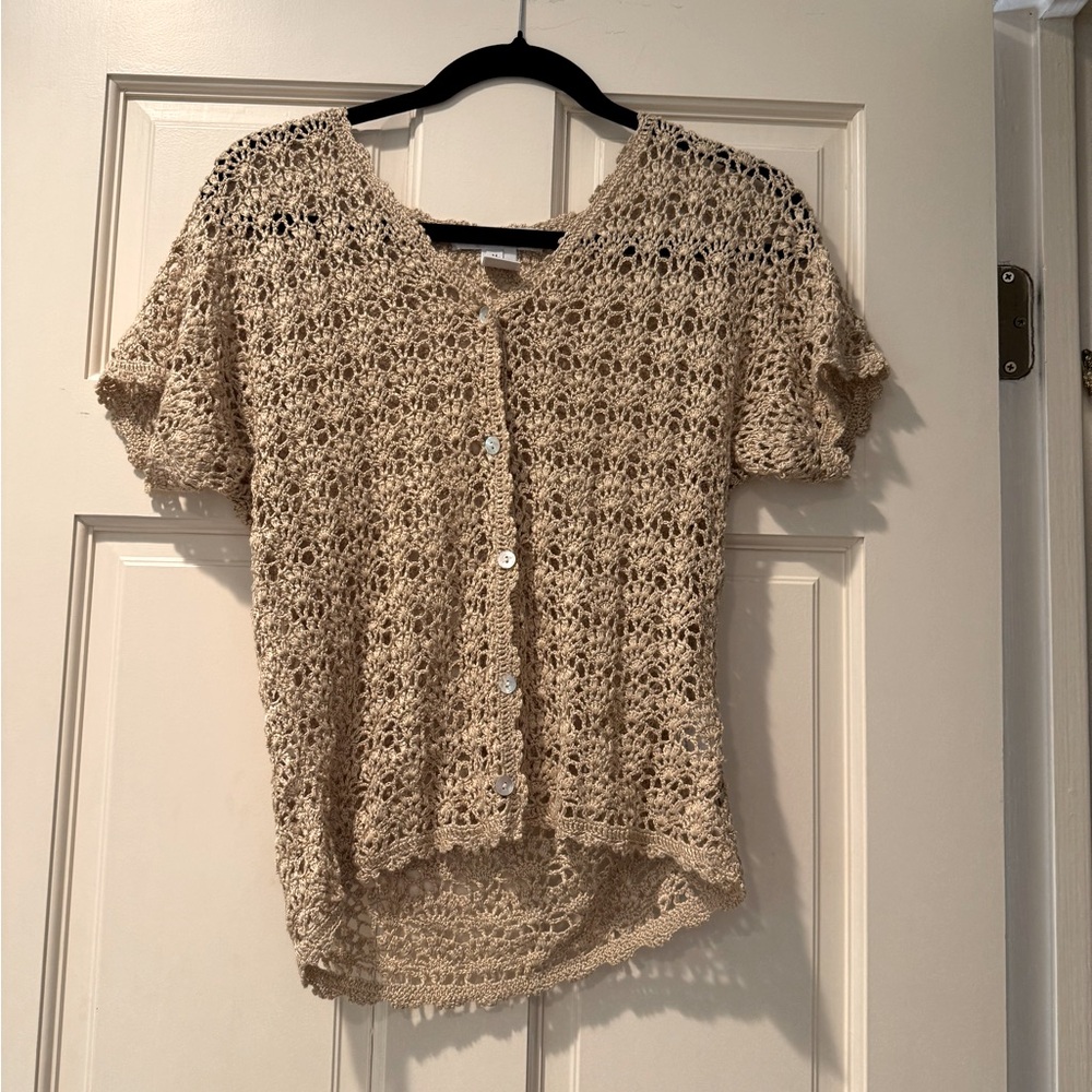 Tan crochet vintage short sleeve cardigan from Ballinger Gold.